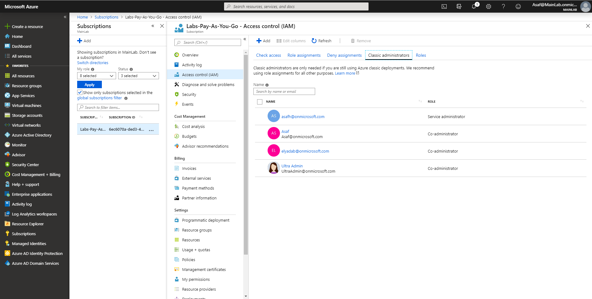 Classic Administrator’s menu in Azure subscription.