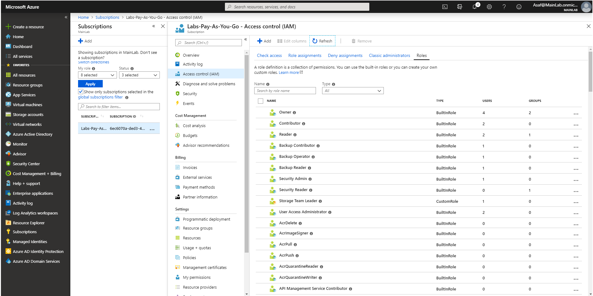 Subscription menu for RBAC permissions using built-in or custom roles.