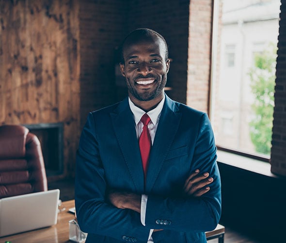 Photo of dark skin guy best trader wear elegant costume sitting office chair