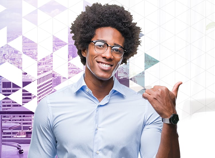 Man with thumbs up with triangle graphic backgound