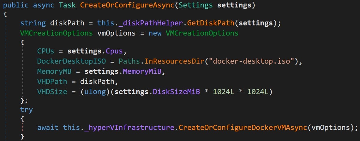 Creating VM function in Docker.Backend.HyperV class.