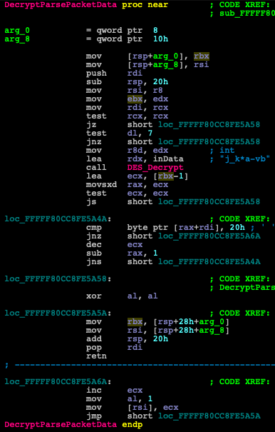 The decryption key is passed to the DES decryption function.