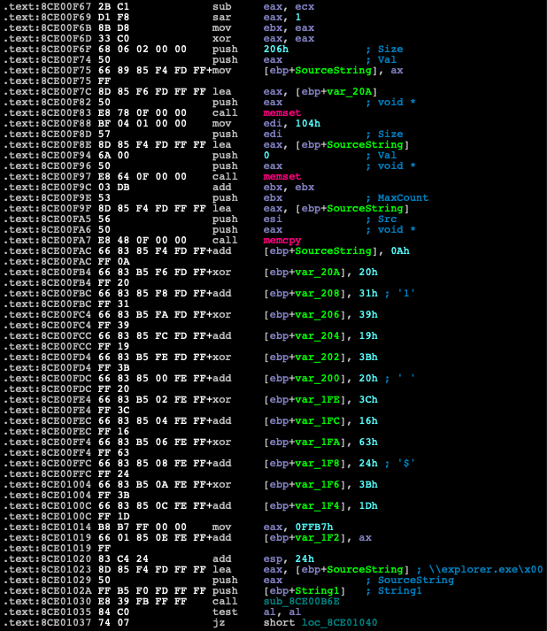 Disassembly view of the string de-obfuscation technique.