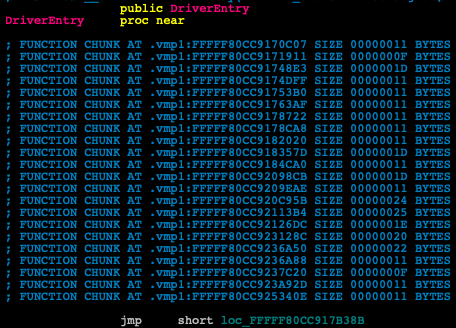 A VMProtected DriverEntry showing an unconditional branch instruction as its first instruction.