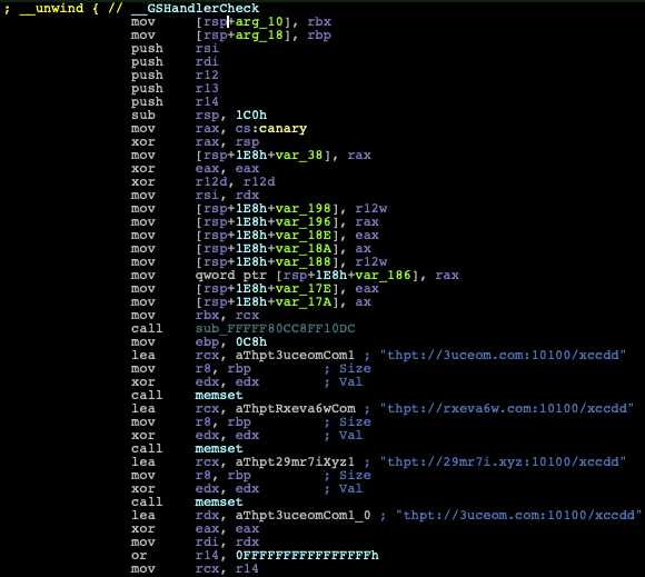 Disassembly of a branch from GsDriverEntry containing strings of URLs with thpt (mixed up version of HTTP) as its URL protocol.