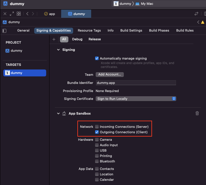App sandbox capabilities in Xcode