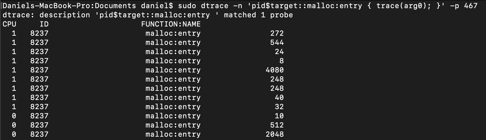 Tracing dummy app malloc functions calls