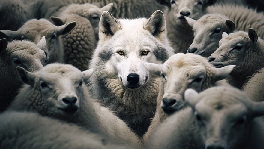 Guardian dog surrounded by sheep