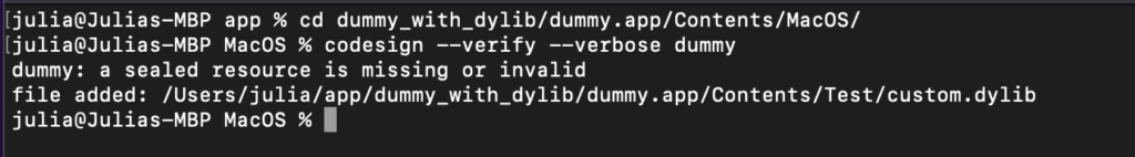 Not signed dylib in dummy app 