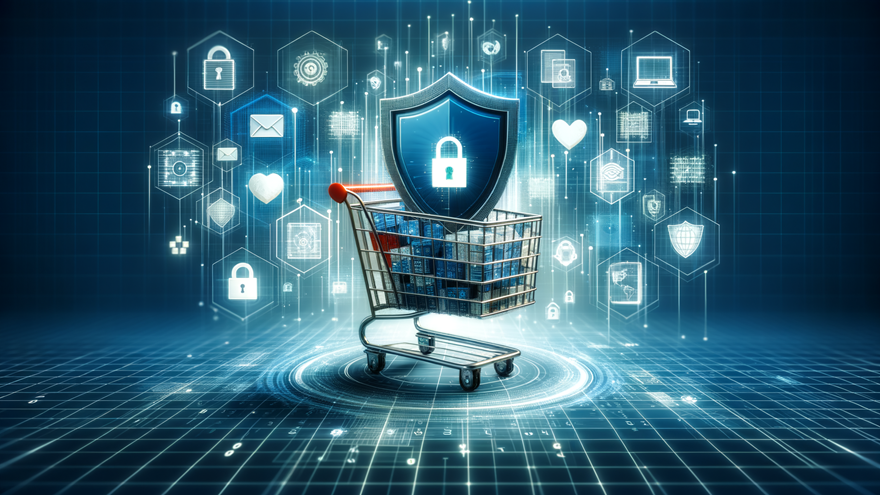 Blog feature image depicting a digital, e-commerce shopping cart and lock and shield imagery.