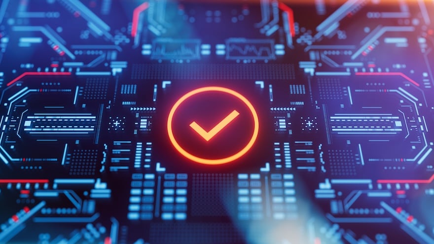 Tick symbol on a digital LCD display with reflection.
