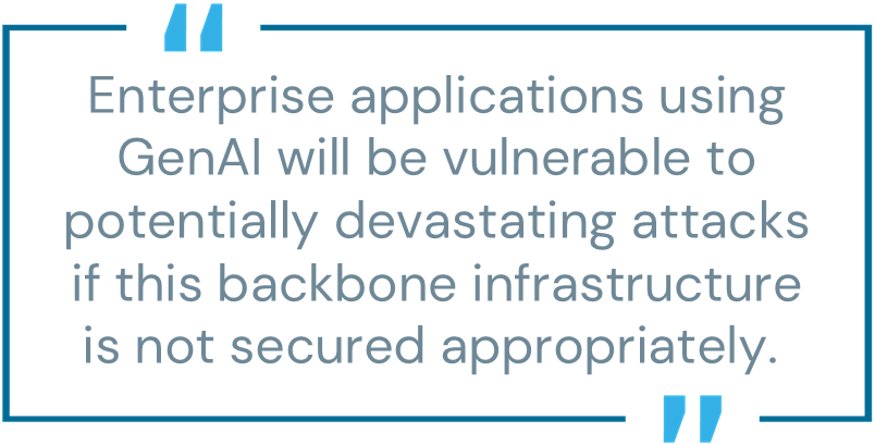 Blog pull quote: "Enterprise applications using GenAI will be vulnerable to potentially devastating attacks if this backbone infrastructure is not secured appropriately."