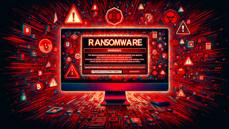 Blog feature image showing a computer screen with a ransomware warning message, symbolizing the surge in ransomware attacks in 2024.