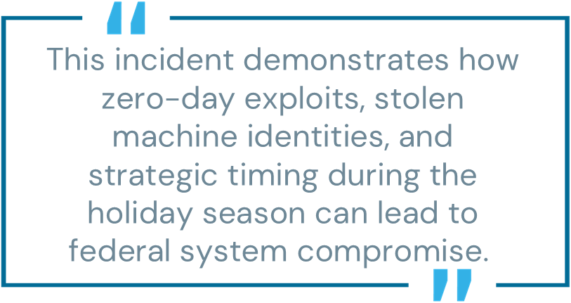 Pull quote: "This incident demonstrates how zero-day exploits, stolen machine identities, and strategic timing during the holiday season can lead to federal system compromise."