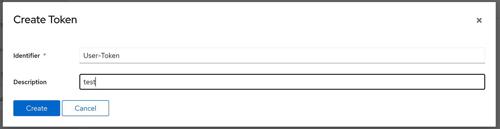 User Token Creation Dialog