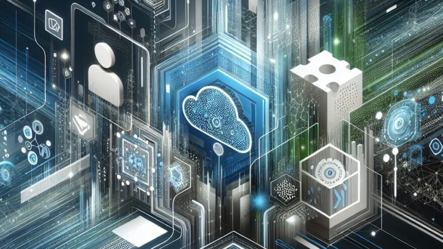 Blog feature image: abstract image that conveys themes of AI, identity security, cloud architecture modernization, third-party access, and corporate resilience. A modern, tech-inspired design with a blend of futuristic elements, digital patterns, and abstract shapes. Colors like blue, green, and white to represent technology and security. Mood conveyed is innovative and forward-thinking.