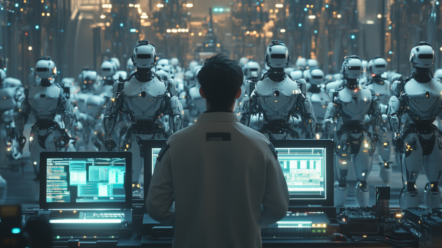 Blog feature image: Futuristic image of a human worker with his "team" of AI agents (depicted as robots).