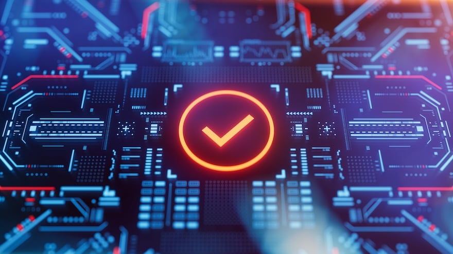 Check mark icon on a digital display with reflection. Concept of quality assurance, validation process, quality management, certification, quality control and compliance to regulations and standards.