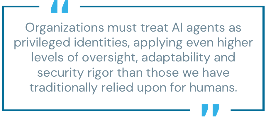Blog pull quote: "Organizations must treat AI agents as privileged identities, applying even higher levels of oversight, adaptability and security rigor than those we have traditionally relied upon for humans."