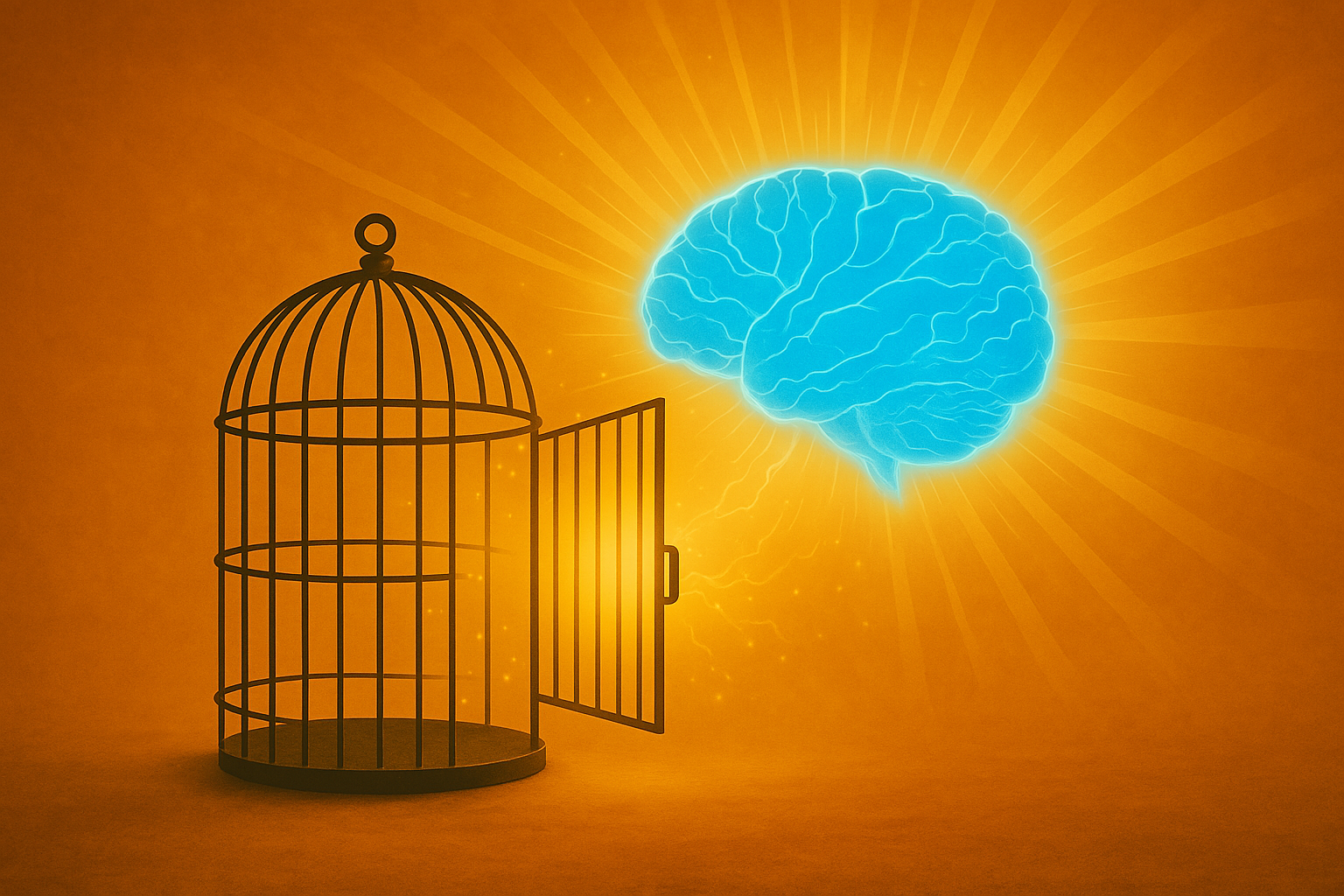 A digital illustration of a glowing blue brain floating to the right of an open birdcage. The background is a warm orange with radiant light beams emanating from behind the brain, symbolizing freedom, creativity, or intellectual liberation.