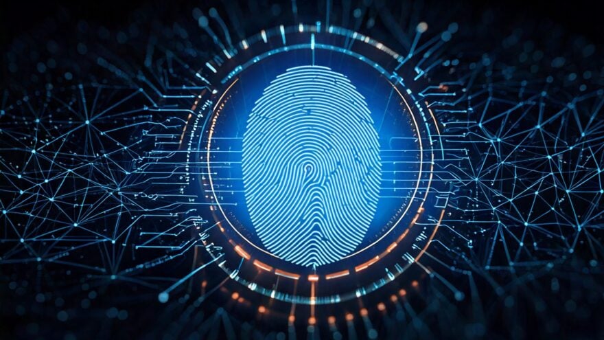 Blog feature image of a digital fingerprint with a network of connections, symbolizing digital identity and security.