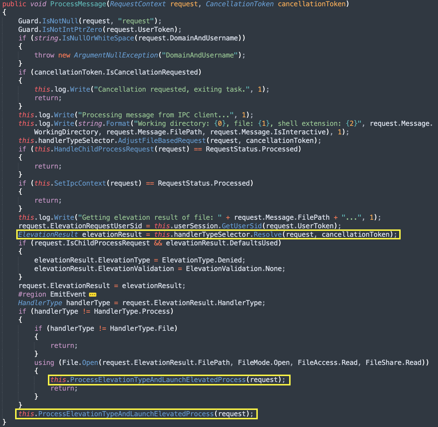 Decompiled code of ProcessMessage method.