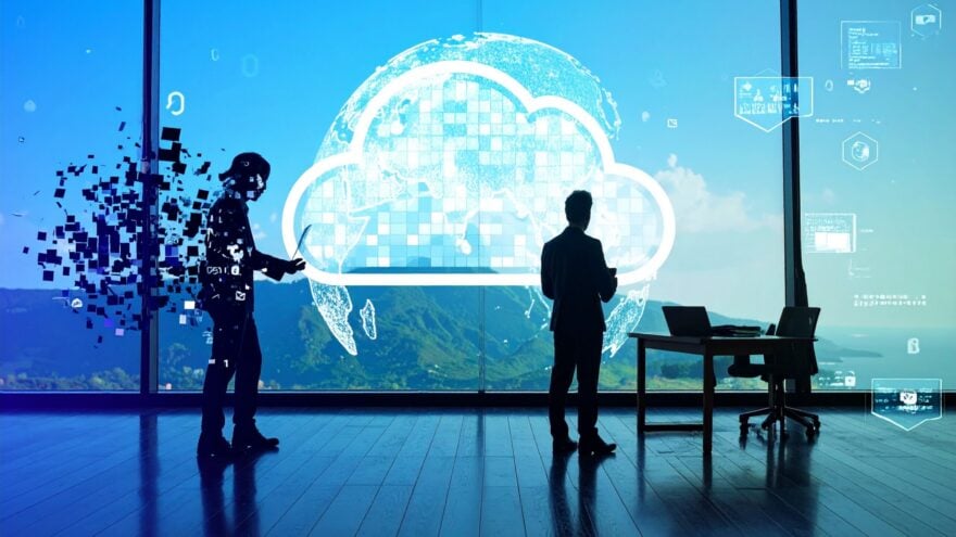 Blog feature image: Silhouetted figures in a modern office, one dissolving into digital pixels, with a cloud and data symbols in the background—symbolizing the risks of standing cloud privileges and the impact of external and insider threats.