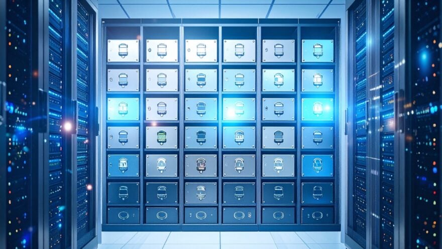 Futuristic data center with glowing blue server racks and a central modular unit featuring illuminated capsules, symbolizing advanced technology, data security, and quantum computing readiness.
