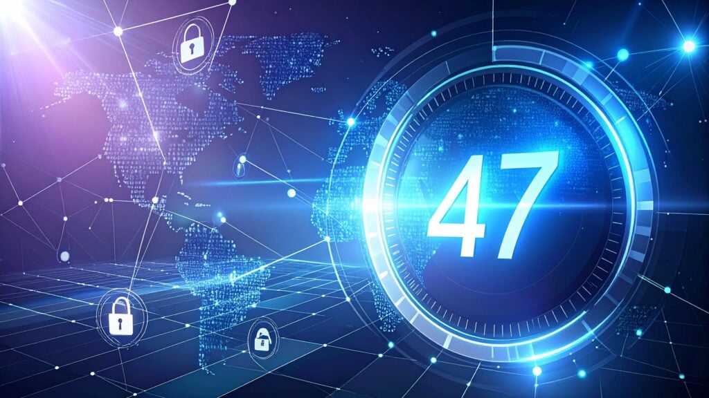 Digital illustration showing a glowing number 47 inside a futuristic circular interface, overlaid on a world map with interconnected lines and padlock icons, representing global cybersecurity and the 47-day TLS certificate validity period.