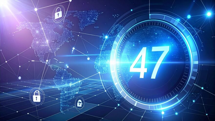 Digital illustration showing a glowing number 47 inside a futuristic circular interface, overlaid on a world map with interconnected lines and padlock icons, representing global cybersecurity and the 47-day TLS certificate validity period.