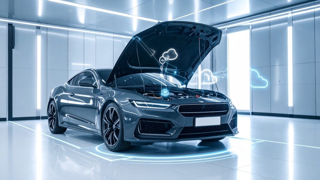 A sleek, modern sports car with its hood open, displayed in a futuristic, high-tech garage. Digital cloud icons and glowing lines are overlaid, symbolizing advanced technology, automation, and integration—visually representing the complexity and modernization of identity governance and automation (IGA).