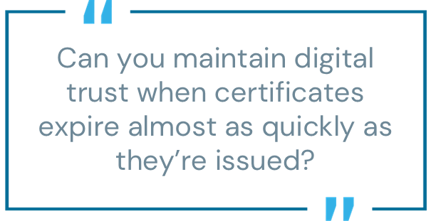 Graphic with a blue border and large quotation marks, displaying the text: "Can you maintain digital trust when certificates expire almost as quickly as they’re issued?"