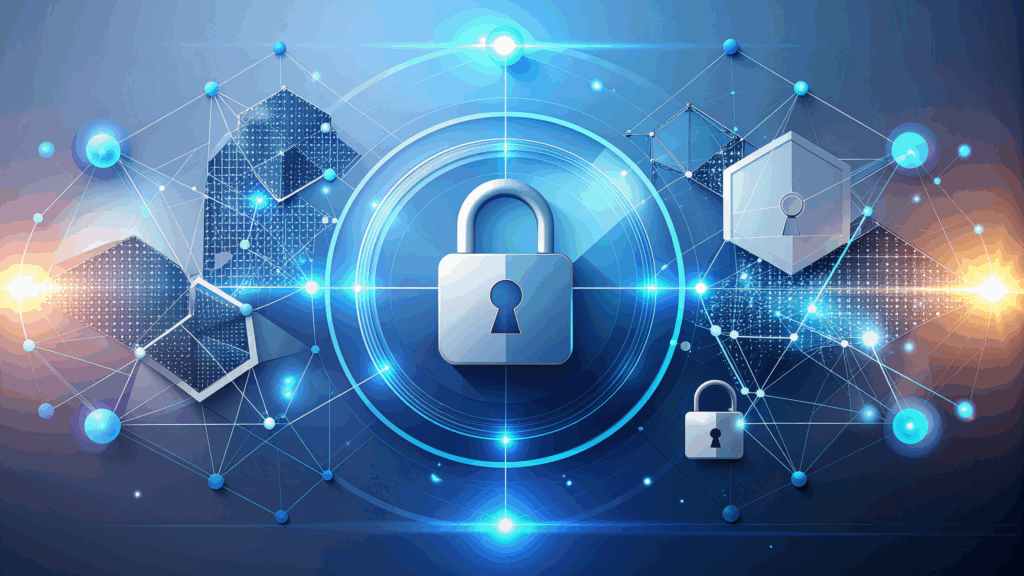 Digital padlock surrounded by glowing network nodes and geometric shapes, symbolizing AI-driven identity governance and cybersecurity.