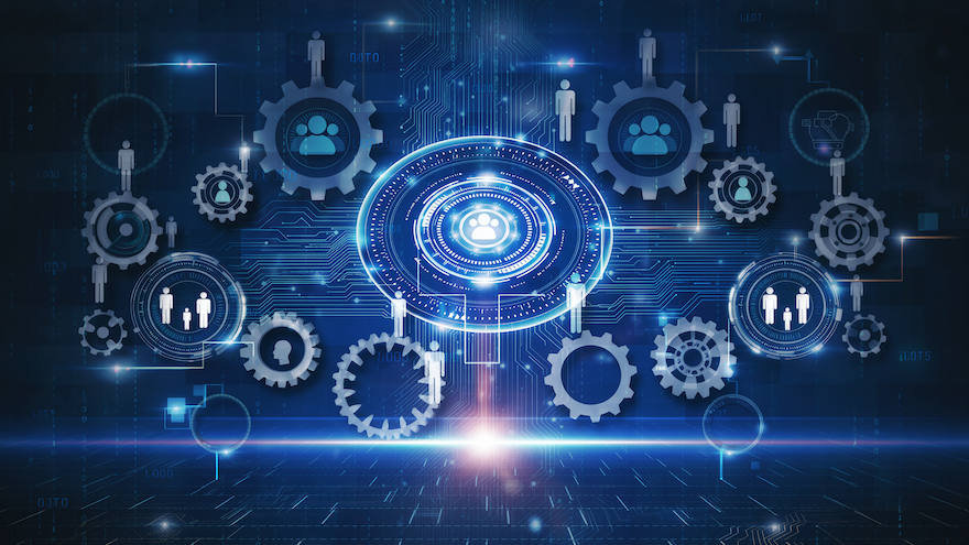 Abstract digital illustration of interconnected gears and icons representing people, symbolizing automation, identity security, and data integration in a technology environment.