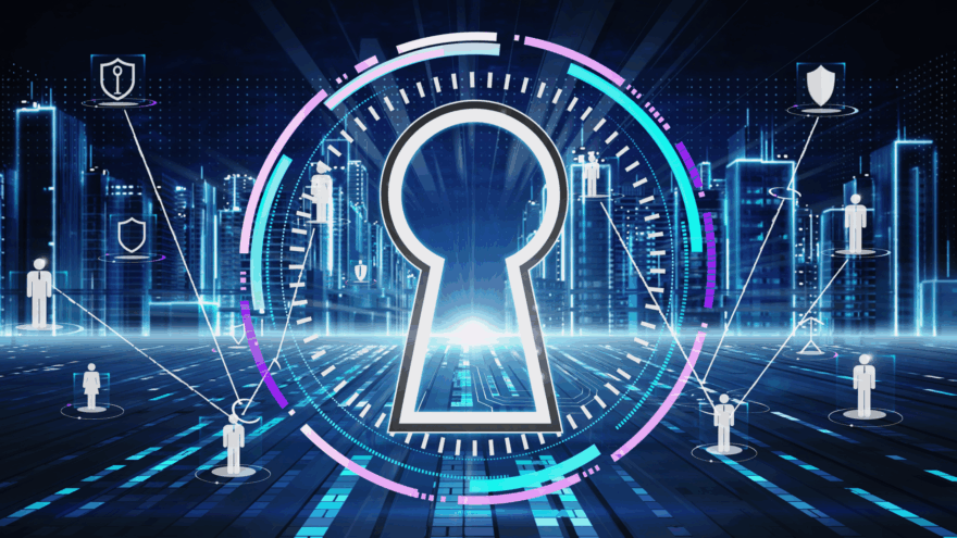 Digital illustration of a large keyhole at the center of a futuristic cityscape, surrounded by glowing lines and icons representing people, shields, and security connections, symbolizing identity security and cybersecurity strategy.
