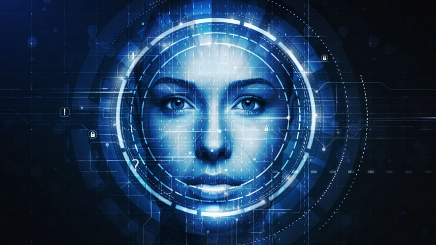 Digital cybersecurity interface with circular blue data elements and security icons representing AI risk and identity protection.