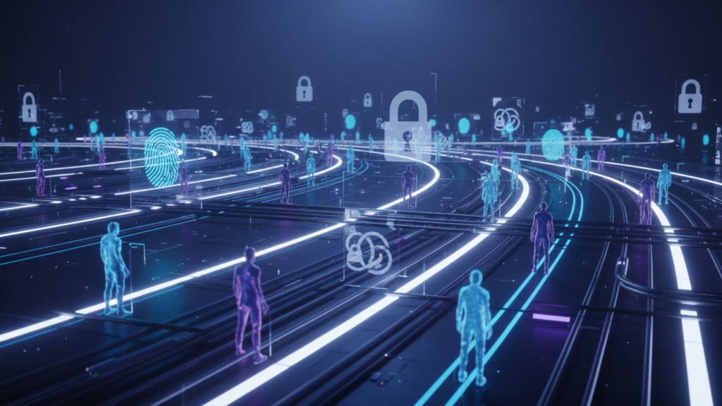Digital AI agents moving across illuminated data pathways with security icons like locks and fingerprints, representing AI agent security and identity protection.