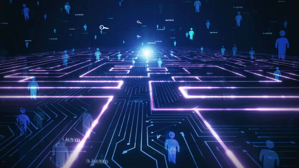 Abstract digital maze illuminated by a glowing central orb, with pixel‑style figures representing identities around the perimeter, symbolizing visibility and control in modern identity governance.
