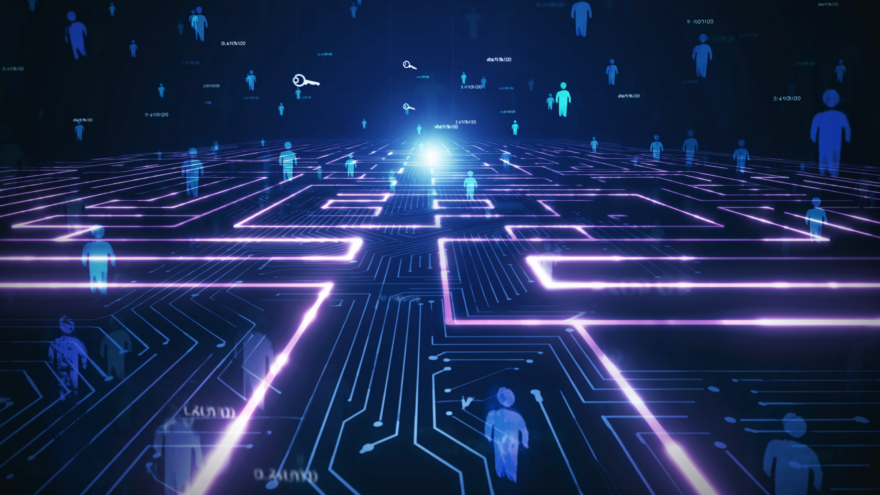 Abstract digital maze illuminated by a glowing central orb, with pixel‑style figures representing identities around the perimeter, symbolizing visibility and control in modern identity governance.
