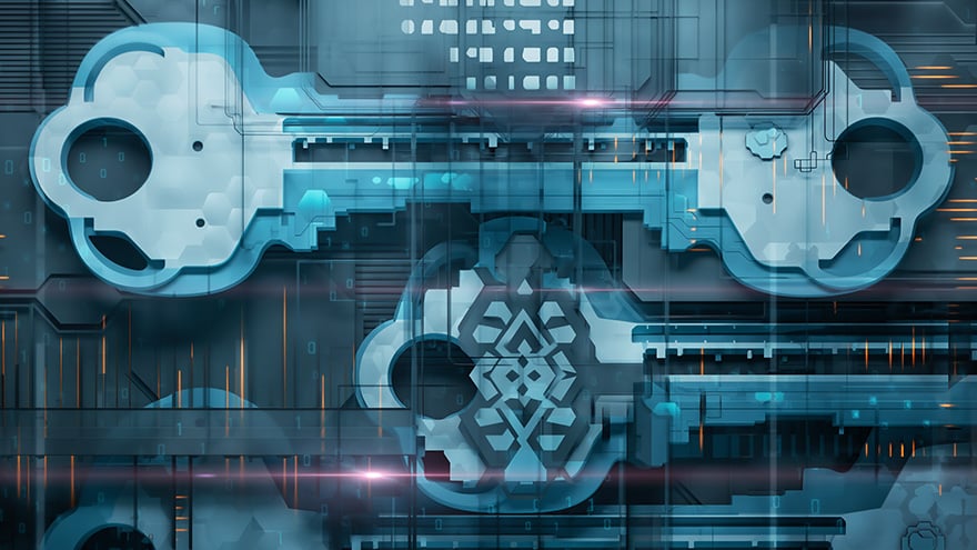 Abstract digital illustration of interconnected cryptographic keys and circuitry representing PKI, certificate security, and machine identity.