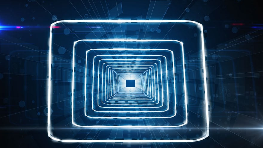 Futuristic digital tunnel visualizing continuous privileged access control and identity security compliance.