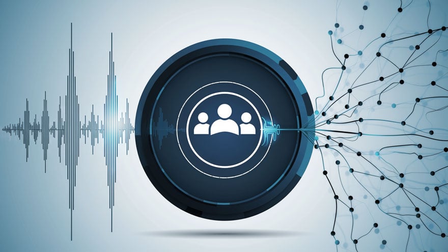 Abstract graphic illustrating the SSO blast radius with a user‑group icon, digital waveforms, and connected network nodes.