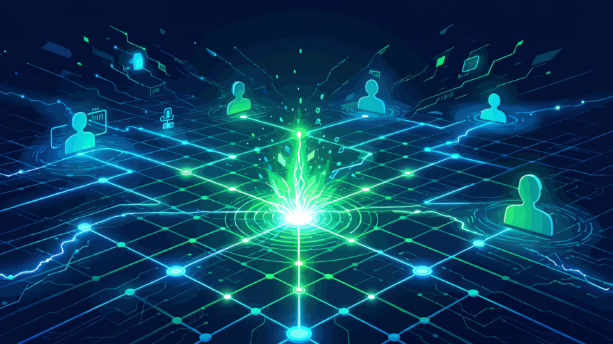 Illustration of a glowing digital network with identity icons connected across a grid, representing AI‑driven identity risk and the expanding attack surface.