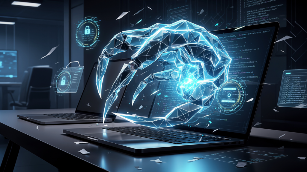 Digital claw‑like AI entity emerging from a laptop screen in a dark security operations environment, symbolizing autonomous AI agent risks and identity security threats.