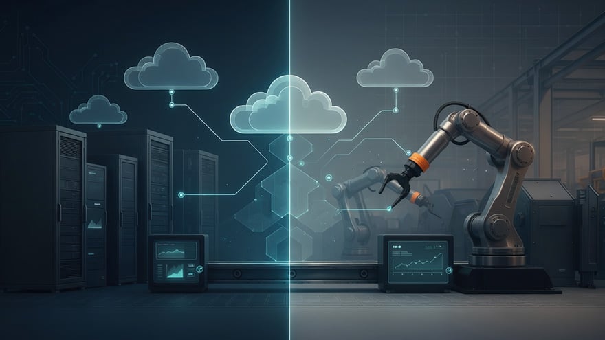 Cloud-connected manufacturing line showing IT servers and an industrial robot arm representing identity security across IT and OT systems.