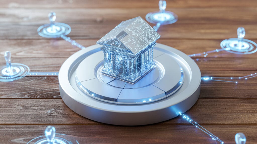 Digital representation of a bank connected to AI systems, illustrating machine identity security in financial services.