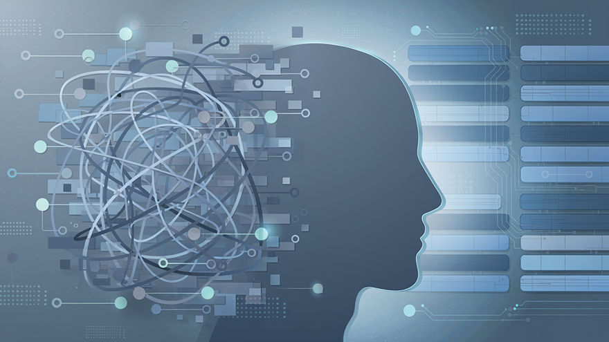 Abstract illustration of a human silhouette with tangled data lines and digital interface elements, representing complex identity data and AI‑driven analysis.