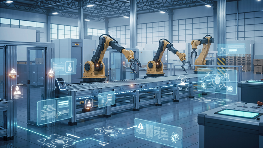 Smart‑factory floor with robotic arms and digital identity overlays illustrating IT‑OT connectivity, access control, and security governance.